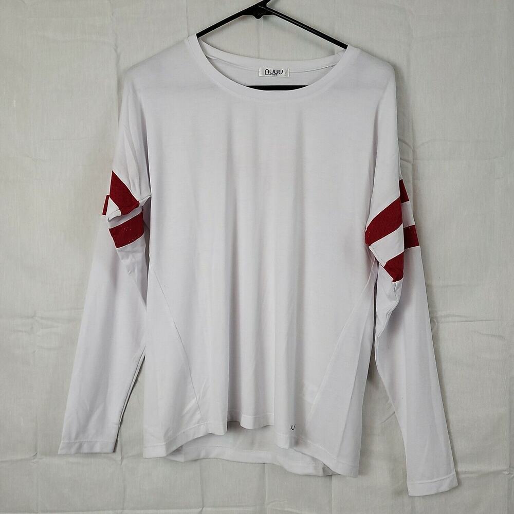 Nuyu Womens White Red Long Sleeve Crew Neck Pullover Basic T Shirt Size Small